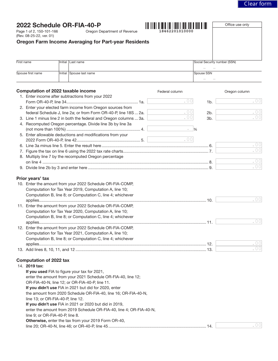 Form 150-101-166 Schedule OR-FIA-40-P Oregon Farm Income Averaging for Part-Year Residents - Oregon, Page 1