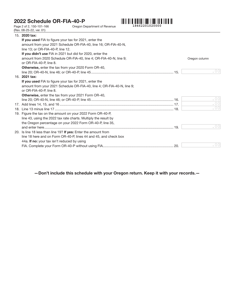 Form 150-101-166 Schedule OR-FIA-40-P Oregon Farm Income Averaging for Part-Year Residents - Oregon, Page 2
