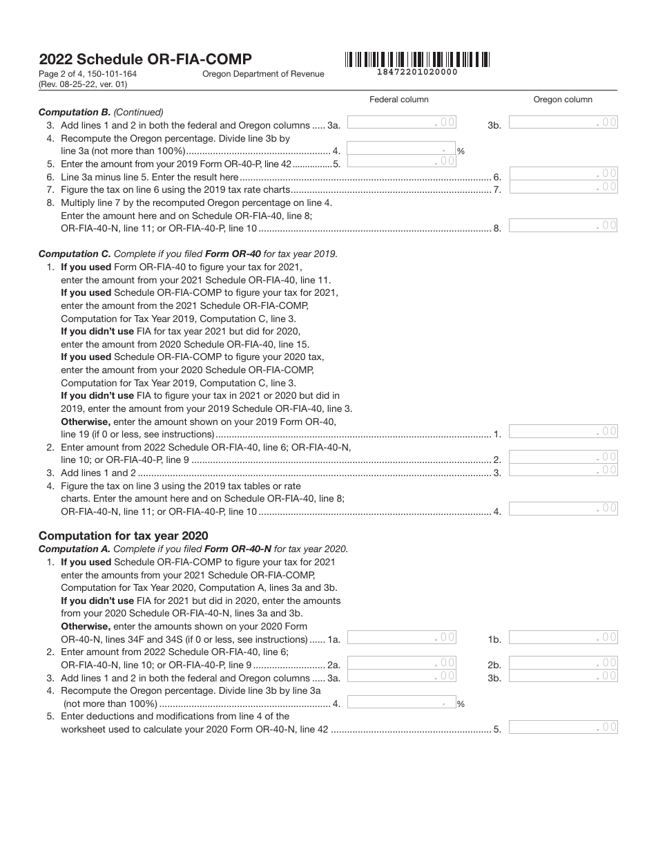 Form 150-101-164 Schedule OR-FIA-COMP Oregon Farm Income Averaging Computation of Tax - Oregon, Page 2