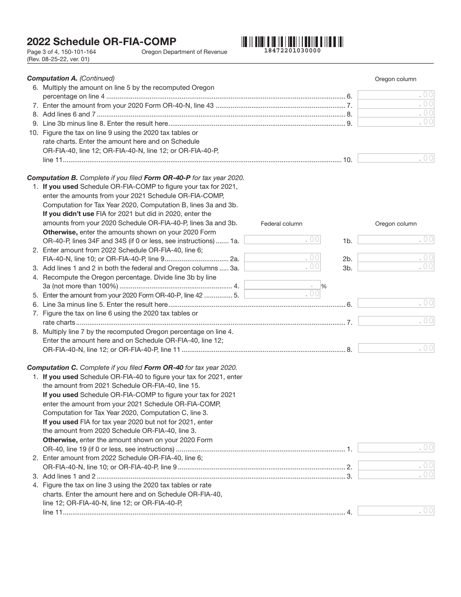 Form 150-101-164 Schedule OR-FIA-COMP Oregon Farm Income Averaging Computation of Tax - Oregon, Page 3