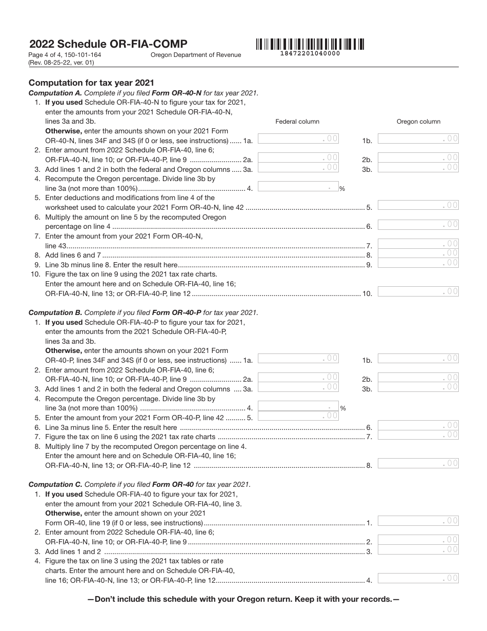 Form 150-101-164 Schedule OR-FIA-COMP Oregon Farm Income Averaging Computation of Tax - Oregon, Page 4