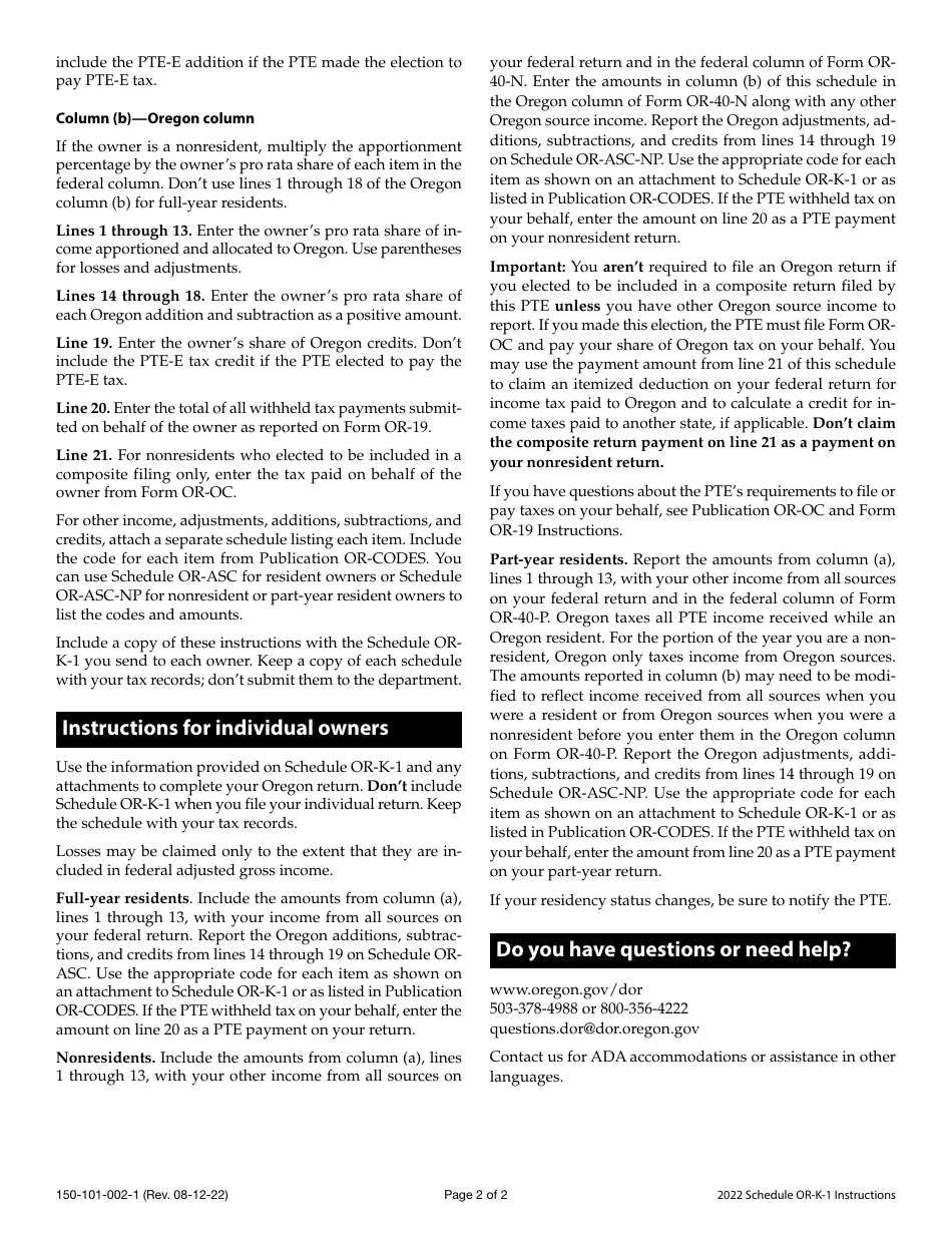 Instructions for Form 150-101-002 Schedule OR-K-1 Distributive Share of Income, Deductions, Credits, Etc. for Individual Owners of Pass-Through Entities - Oregon, Page 2