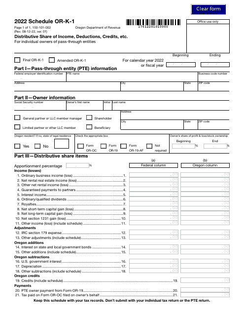 Form 150-101-002 Schedule OR-K-1 2022 Printable Pdf