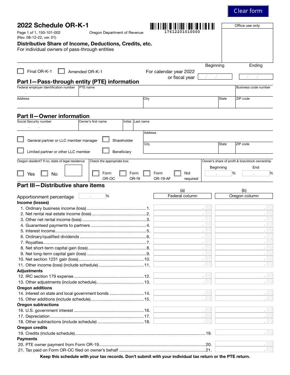 Form 150-101-002 Schedule OR-K-1 Distributive Share of Income, Deductions, Credits, Etc. for Individual Owners of Pass-Through Entities - Oregon, Page 1