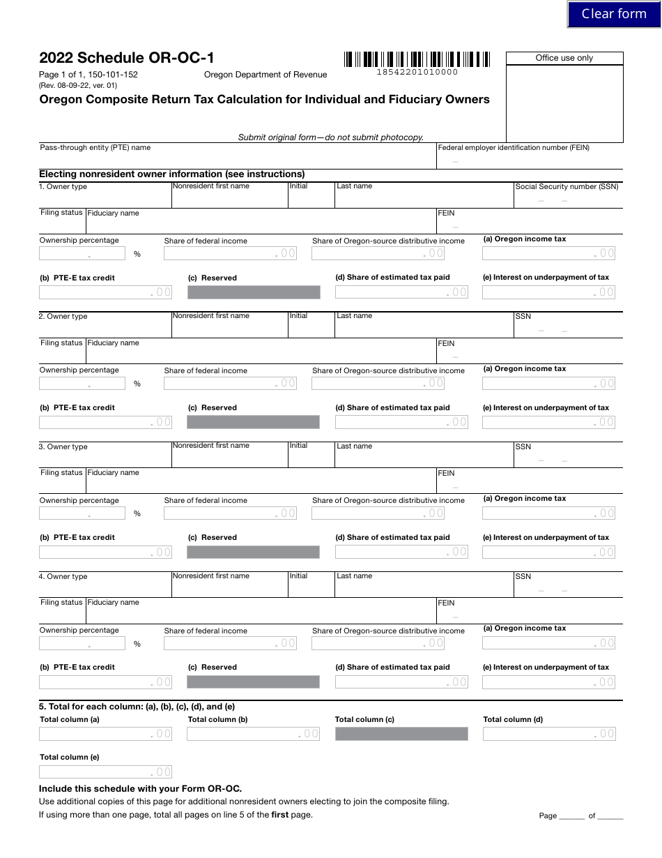 Form 150-101-152 Schedule OR-OC-1 Oregon Composite Return Tax Calculation for Individual and Fiduciary Owners - Oregon, Page 1