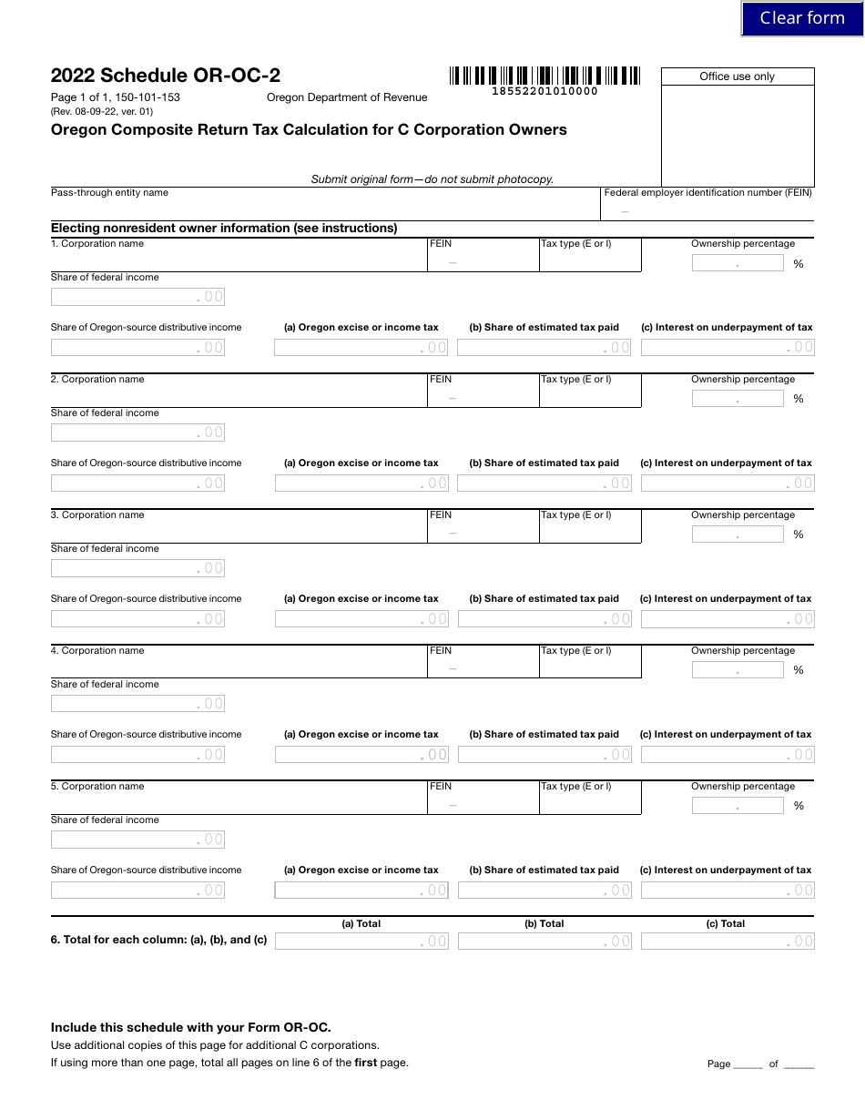 Form 150-101-153 Schedule OR-OC-2 Oregon Composite Return Tax Calculation for C Corporation Owners - Oregon, Page 1