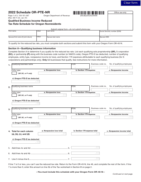Form 150-101-367 Schedule OR-PTE-NR 2022 Printable Pdf