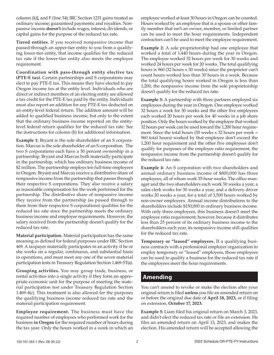 Instructions for Form 150-101-365 Schedule OR-PTE-FY Qualifying Business Income Reduced Tax Rate for Oregon Full-Year Residents - Oregon, Page 2