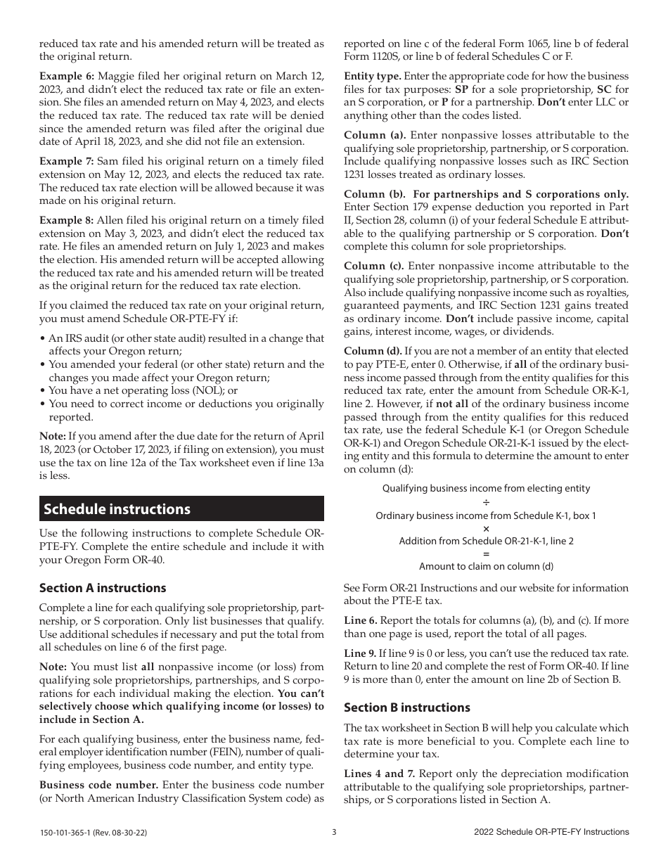 Instructions for Form 150-101-365 Schedule OR-PTE-FY Qualifying Business Income Reduced Tax Rate for Oregon Full-Year Residents - Oregon, Page 3