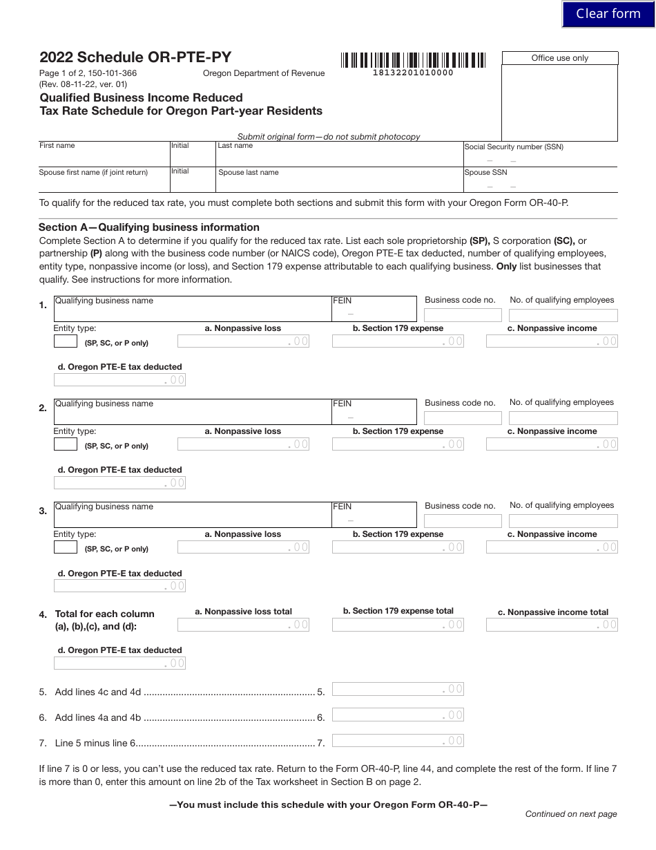 Form 150-101-366 Schedule OR-PTE-PY Download Fillable PDF or Fill ...