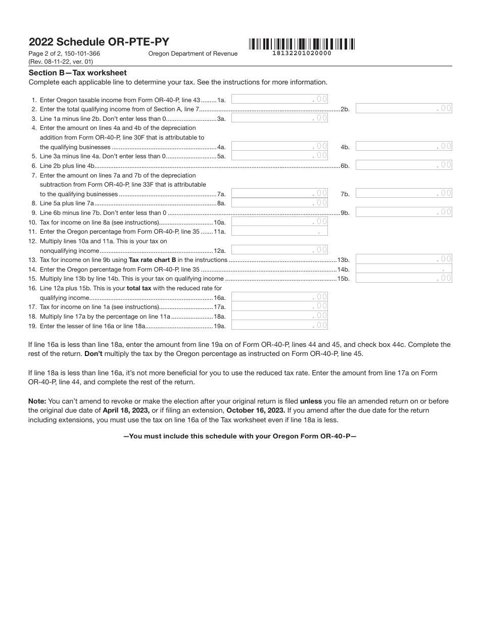 Form 150-101-366 Schedule OR-PTE-PY Qualified Business Income Reduced Tax Rate Schedule for Oregon Part-Year Residents - Oregon, Page 2