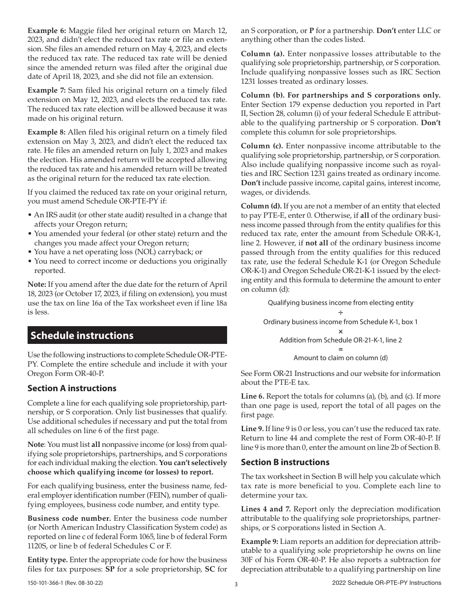 Instructions for Form 150-101-366 Schedule OR-PTE-PY Qualifying Business Income Reduced Tax Rate for Oregon Part-Year Residents - Oregon, Page 3