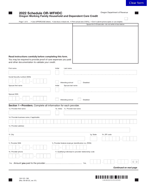 Form 150-101-195 Schedule OR-WFHDC 2022 Printable Pdf