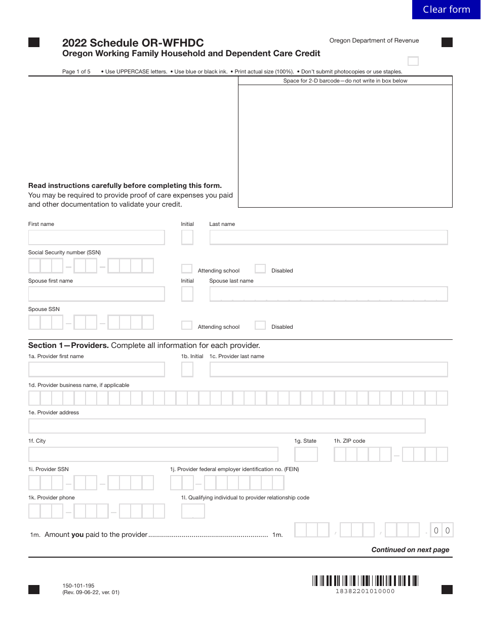 Form 150-101-195 Schedule OR-WFHDC Oregon Working Family Household and Dependent Care Credit - Oregon, Page 1