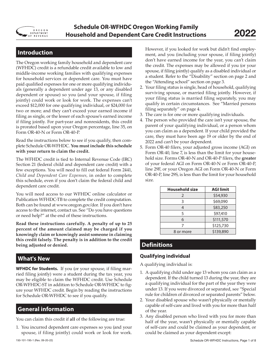 Instructions for Form 150-101-195 Schedule OR-WFHDC Oregon Working Family Household and Dependent Care Credit - Oregon, Page 1