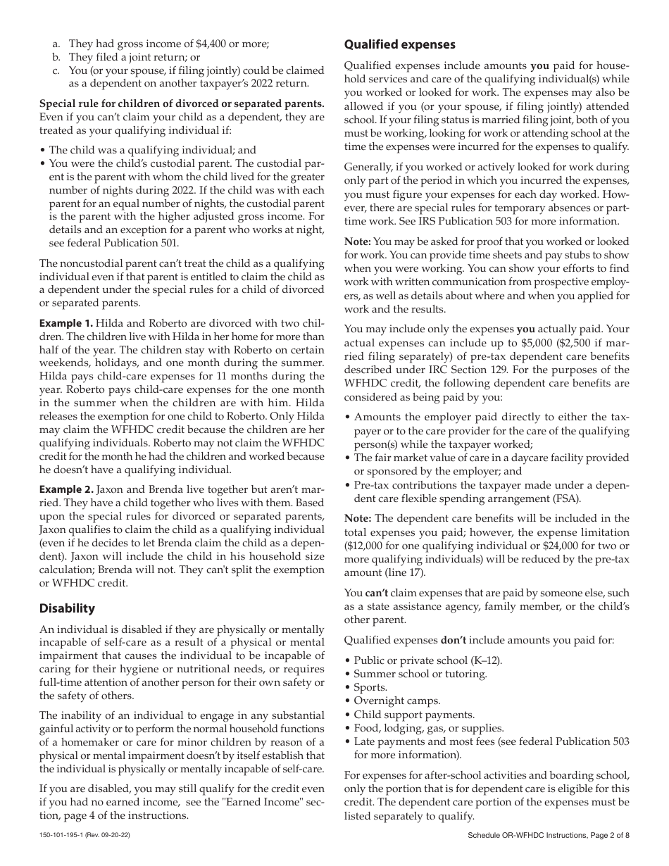 Instructions for Form 150-101-195 Schedule OR-WFHDC Oregon Working Family Household and Dependent Care Credit - Oregon, Page 2