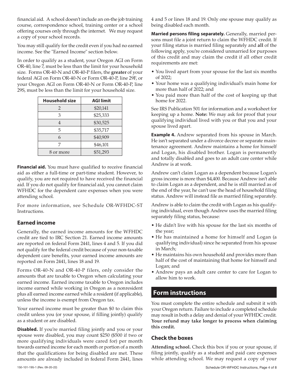 Instructions for Form 150-101-195 Schedule OR-WFHDC Oregon Working Family Household and Dependent Care Credit - Oregon, Page 4