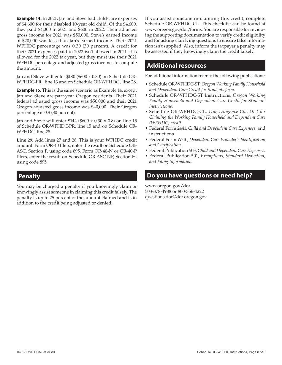 Instructions for Form 150-101-195 Schedule OR-WFHDC Oregon Working Family Household and Dependent Care Credit - Oregon, Page 8