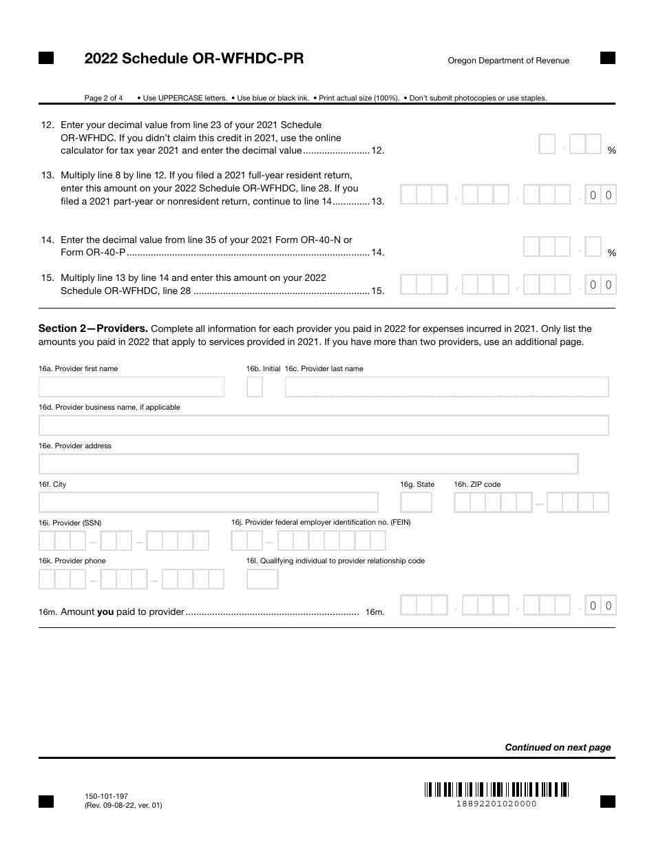 Form 150-101-197 Schedule OR-WFHDC-PR Working Family Household and Dependent Care Credit for Prior Year Expenses - Oregon, Page 2