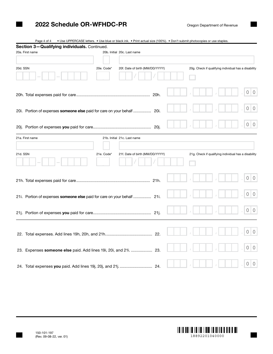 Form 150-101-197 Schedule OR-WFHDC-PR Working Family Household and Dependent Care Credit for Prior Year Expenses - Oregon, Page 4