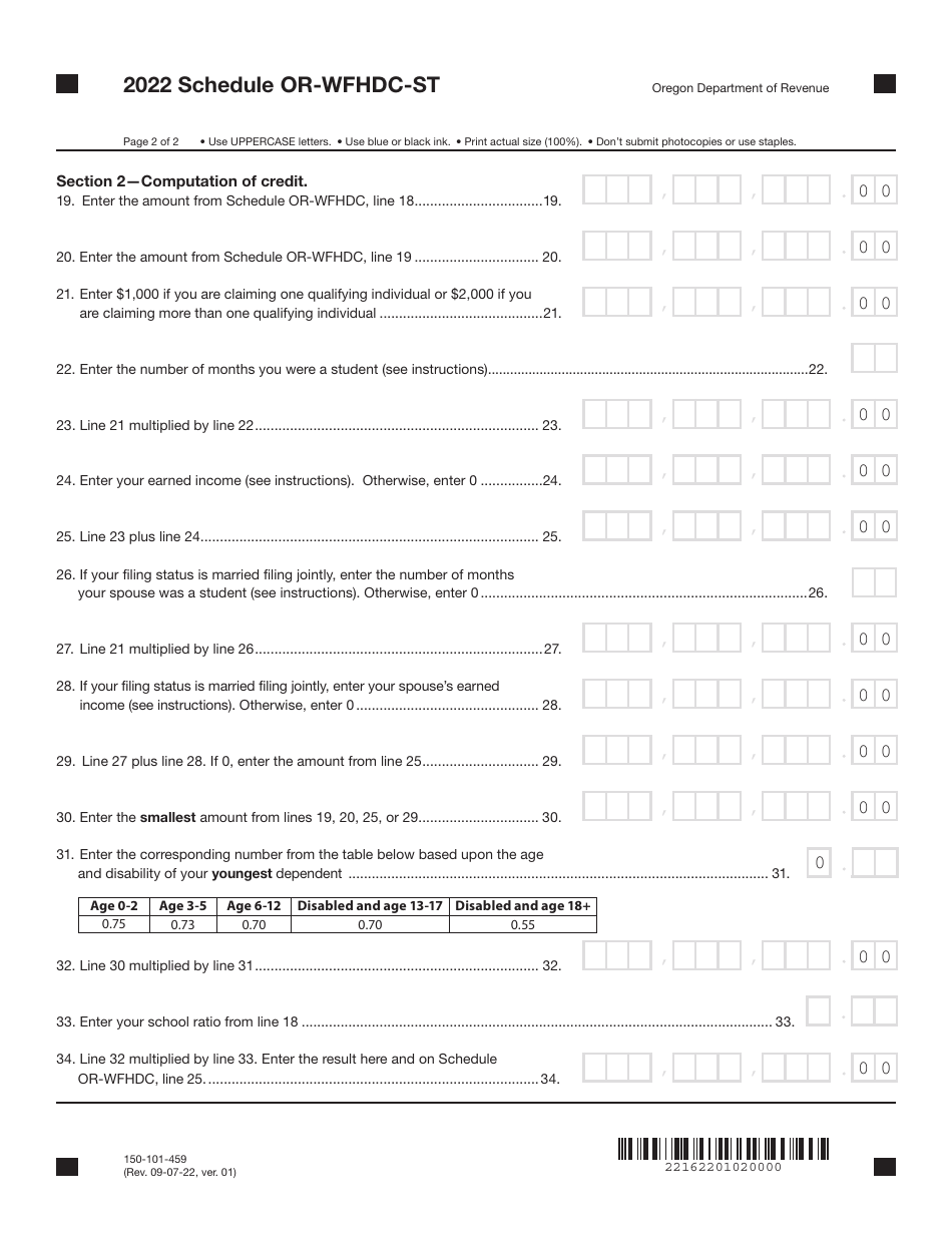 Form 150-101-459 Schedule OR-WFHDC-ST Oregon Working Family Household and Dependent Care Credit for Students - Oregon, Page 2