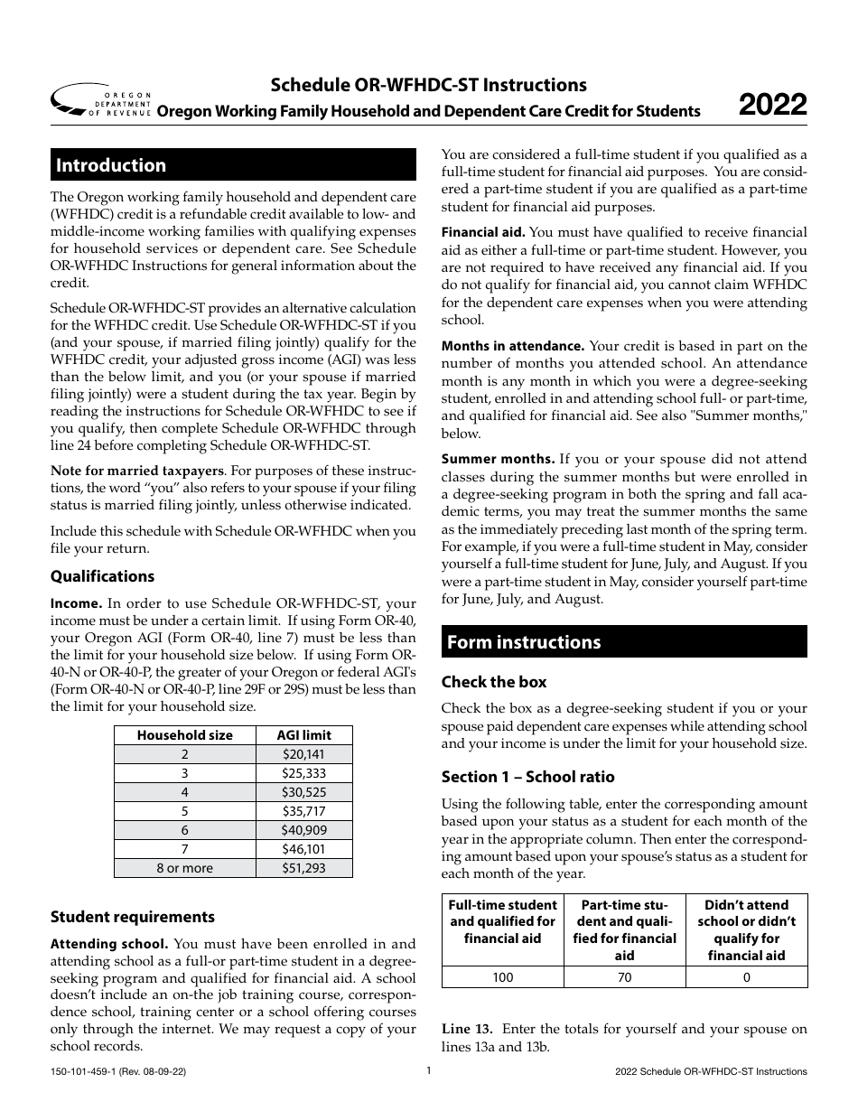 Instructions for Form 150-101-459 Schedule OR-WFHDC-ST Oregon Working Family Household and Dependent Care Credit for Students - Oregon, Page 1