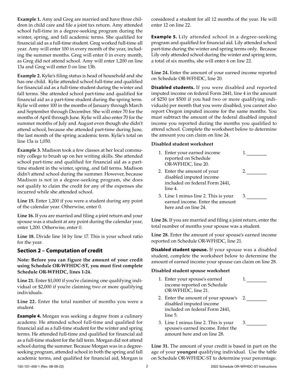 Instructions for Form 150-101-459 Schedule OR-WFHDC-ST Oregon Working Family Household and Dependent Care Credit for Students - Oregon, Page 2