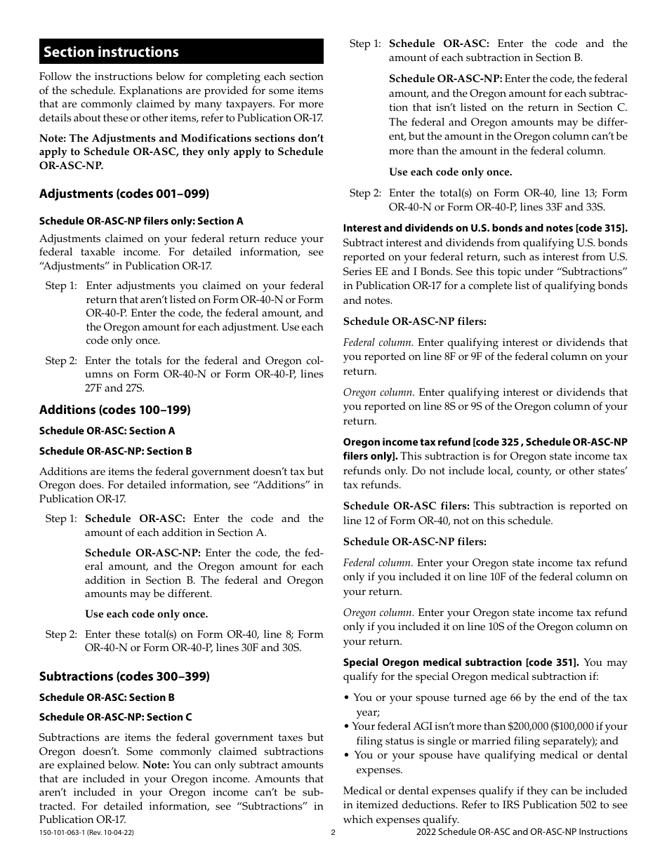 Instructions for Form 150-101-063, 150-101-064 Schedule OR-ASC, OR-ASC-NP - Oregon, Page 2