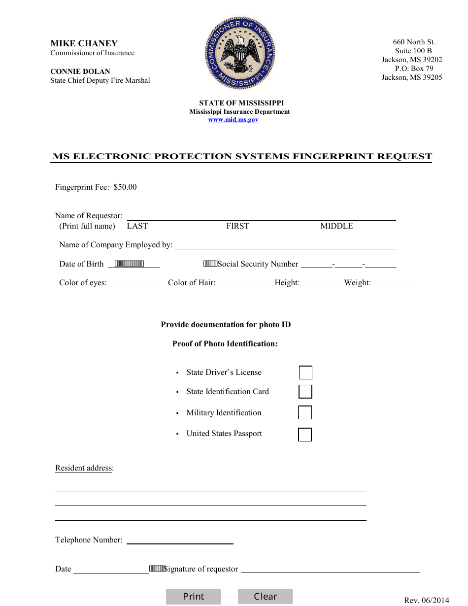 Ms Electronic Protection Systems Fingerprint Request - Mississippi, Page 1