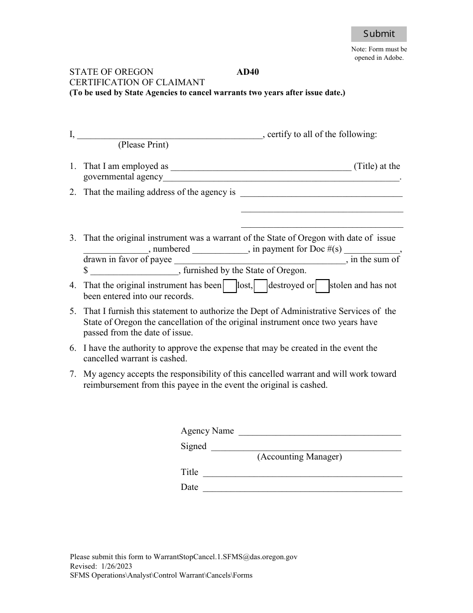 Form AD40 Download Fillable PDF or Fill Online Certification of ...