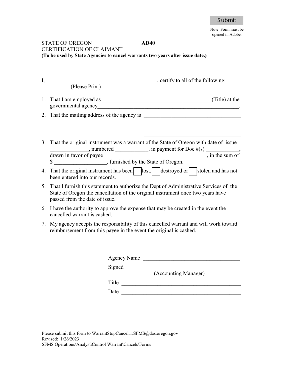 Form AD40 Certification of Claimant - Oregon, Page 1