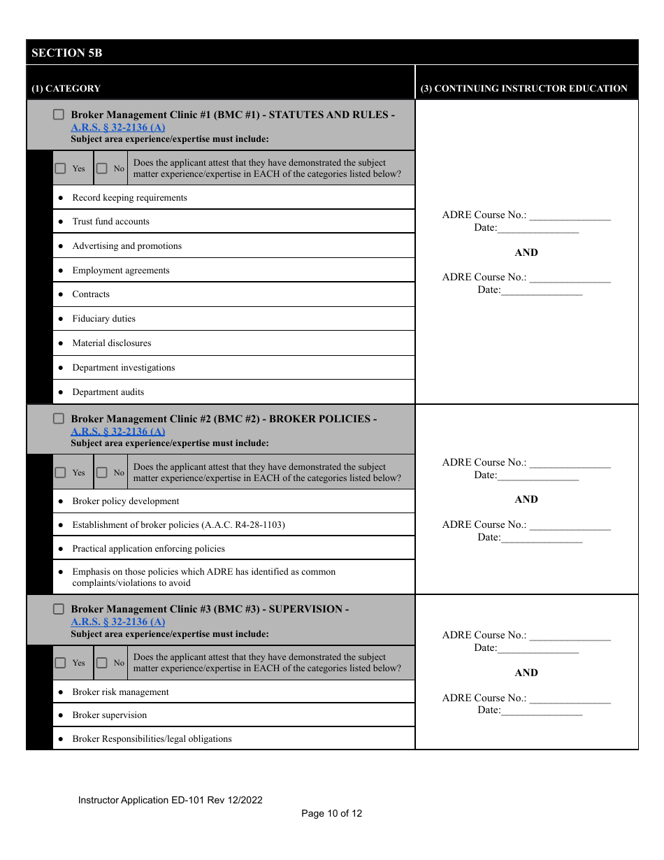 Form ED-101 Certificate for Instructor Approval Application for Original Approval, Renewal, or Changes to Approved Categories - Arizona, Page 10