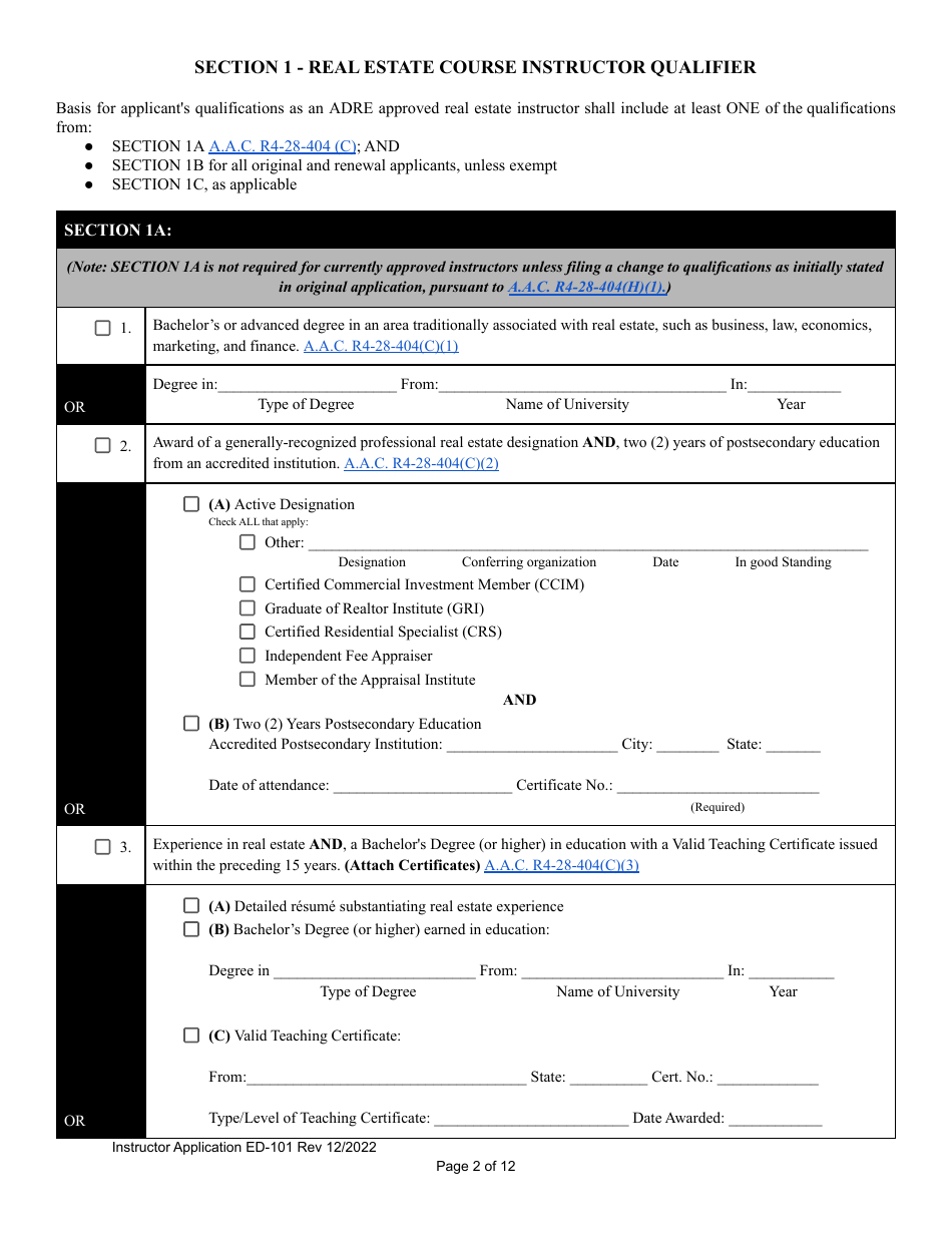 Form ED-101 Certificate for Instructor Approval Application for Original Approval, Renewal, or Changes to Approved Categories - Arizona, Page 2