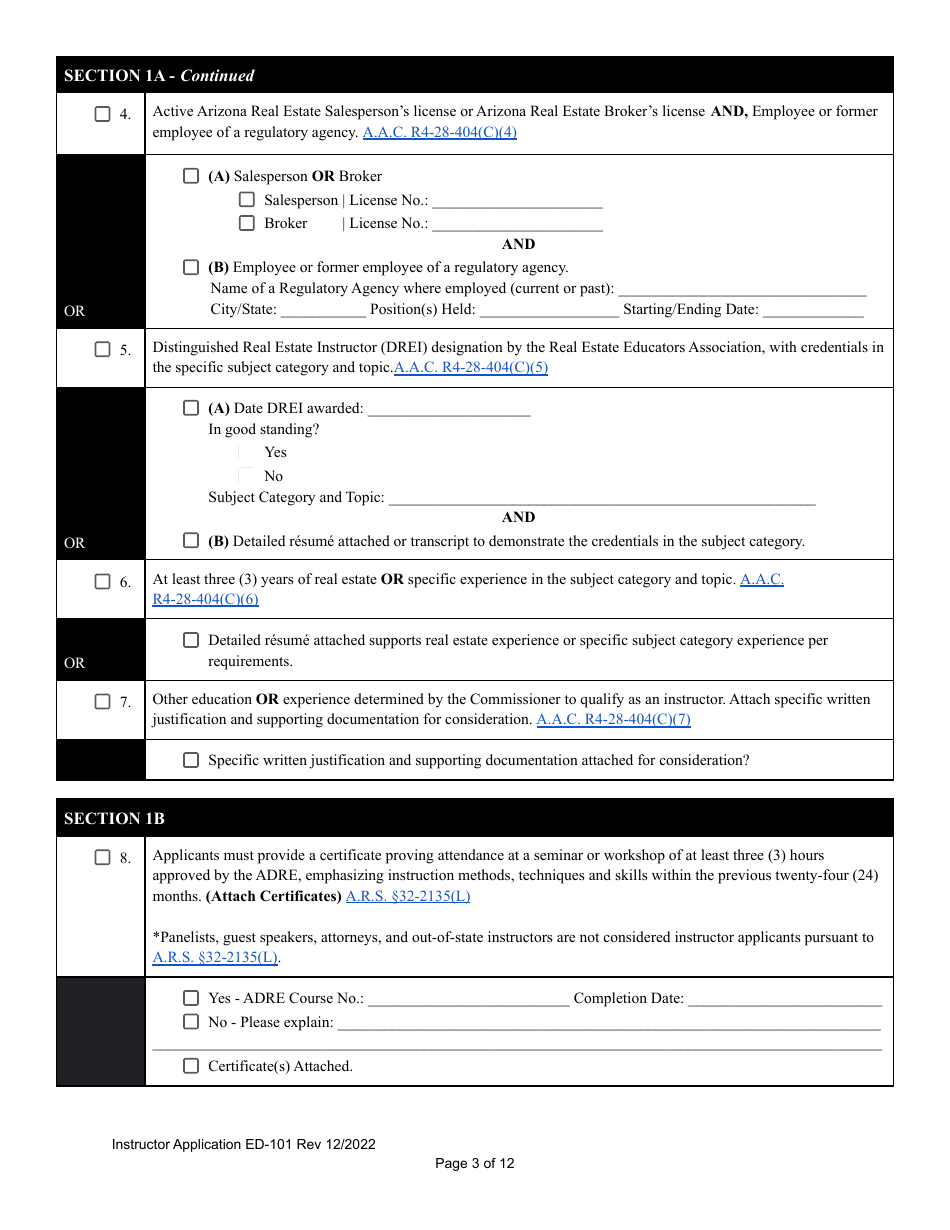 Form ED-101 Certificate for Instructor Approval Application for Original Approval, Renewal, or Changes to Approved Categories - Arizona, Page 3