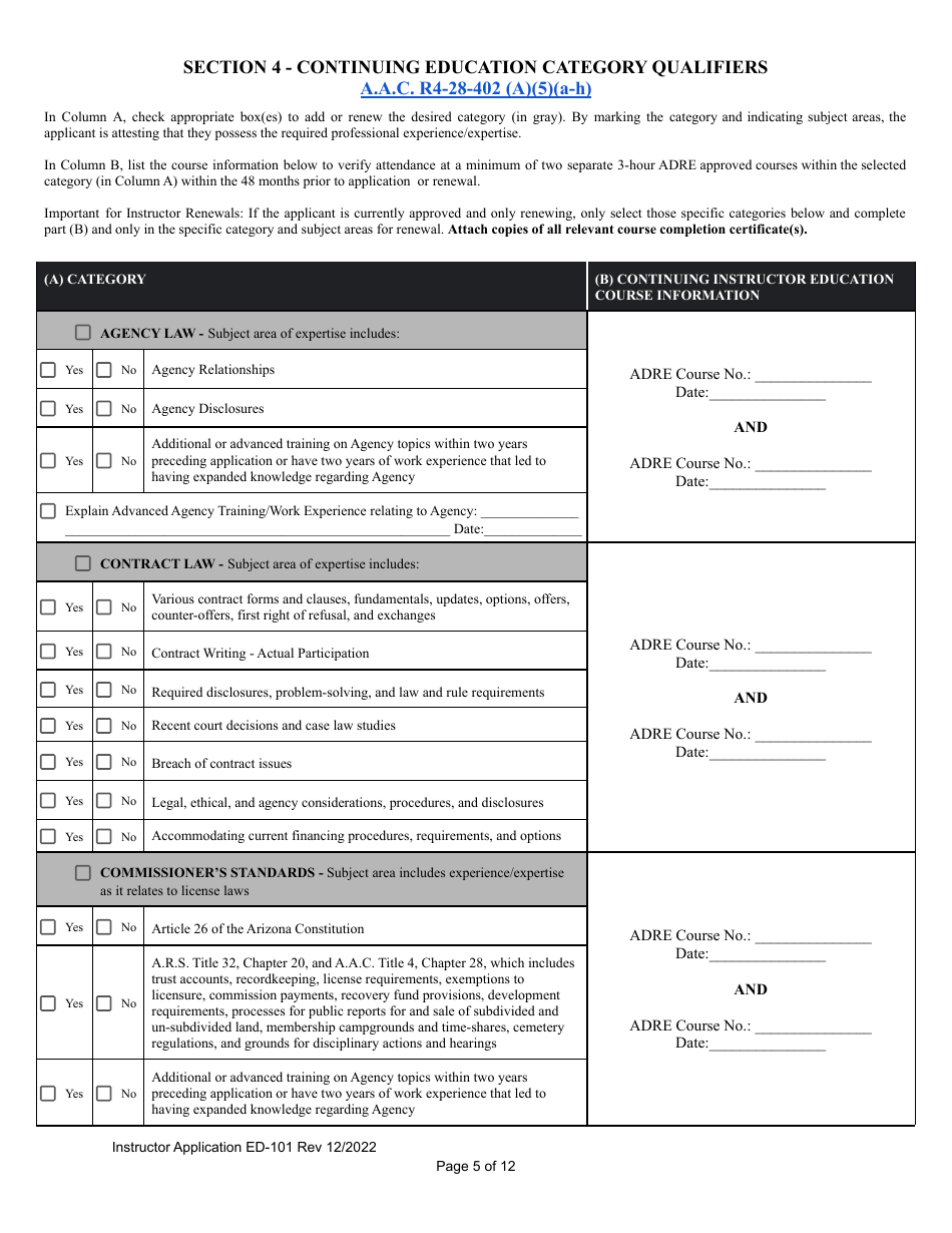 Form ED-101 Certificate for Instructor Approval Application for Original Approval, Renewal, or Changes to Approved Categories - Arizona, Page 5