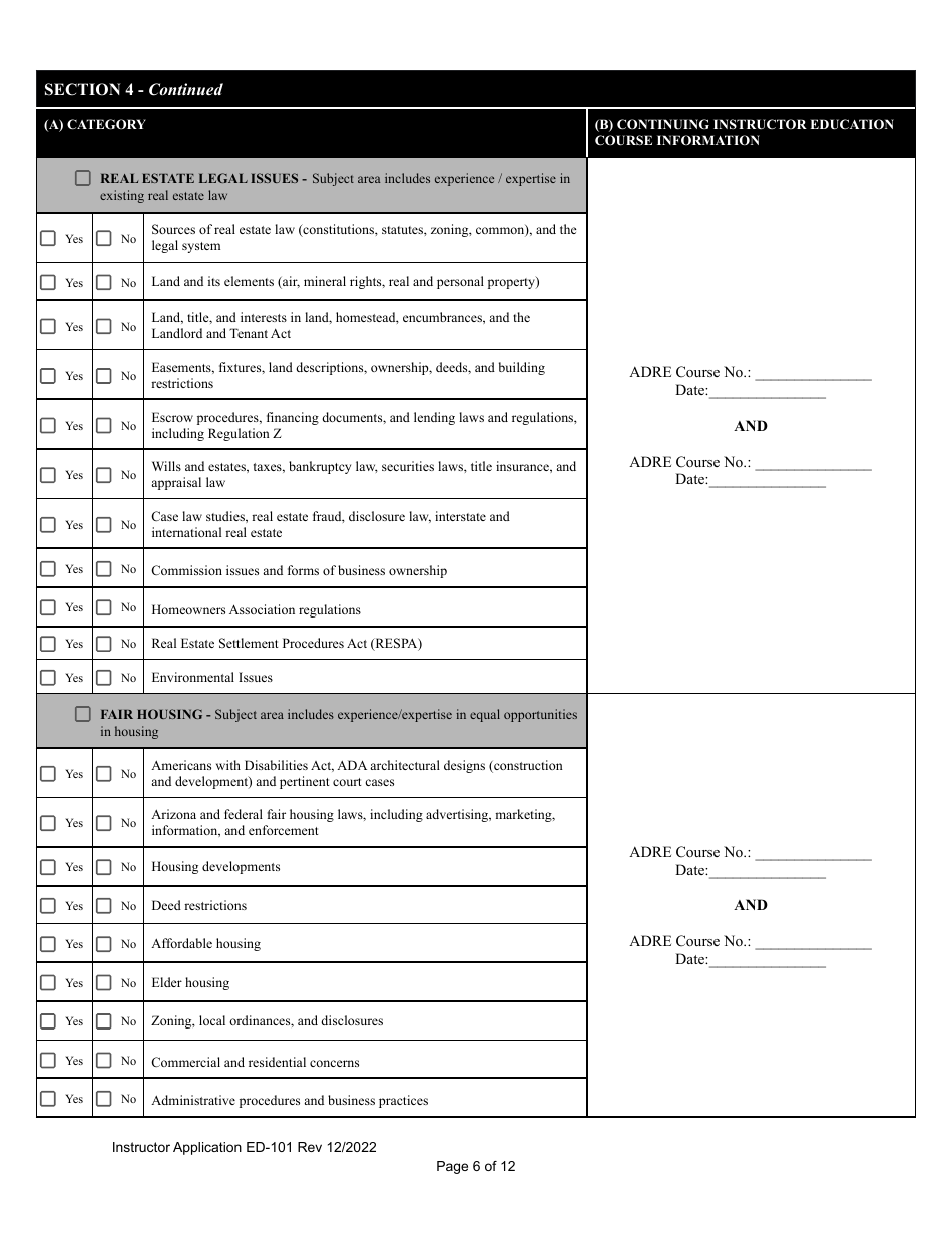 Form ED-101 Certificate for Instructor Approval Application for Original Approval, Renewal, or Changes to Approved Categories - Arizona, Page 6