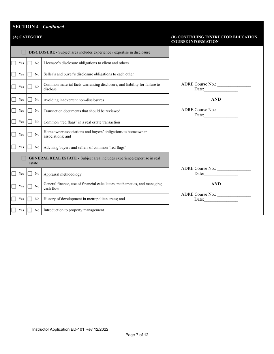 Form ED-101 Certificate for Instructor Approval Application for Original Approval, Renewal, or Changes to Approved Categories - Arizona, Page 7