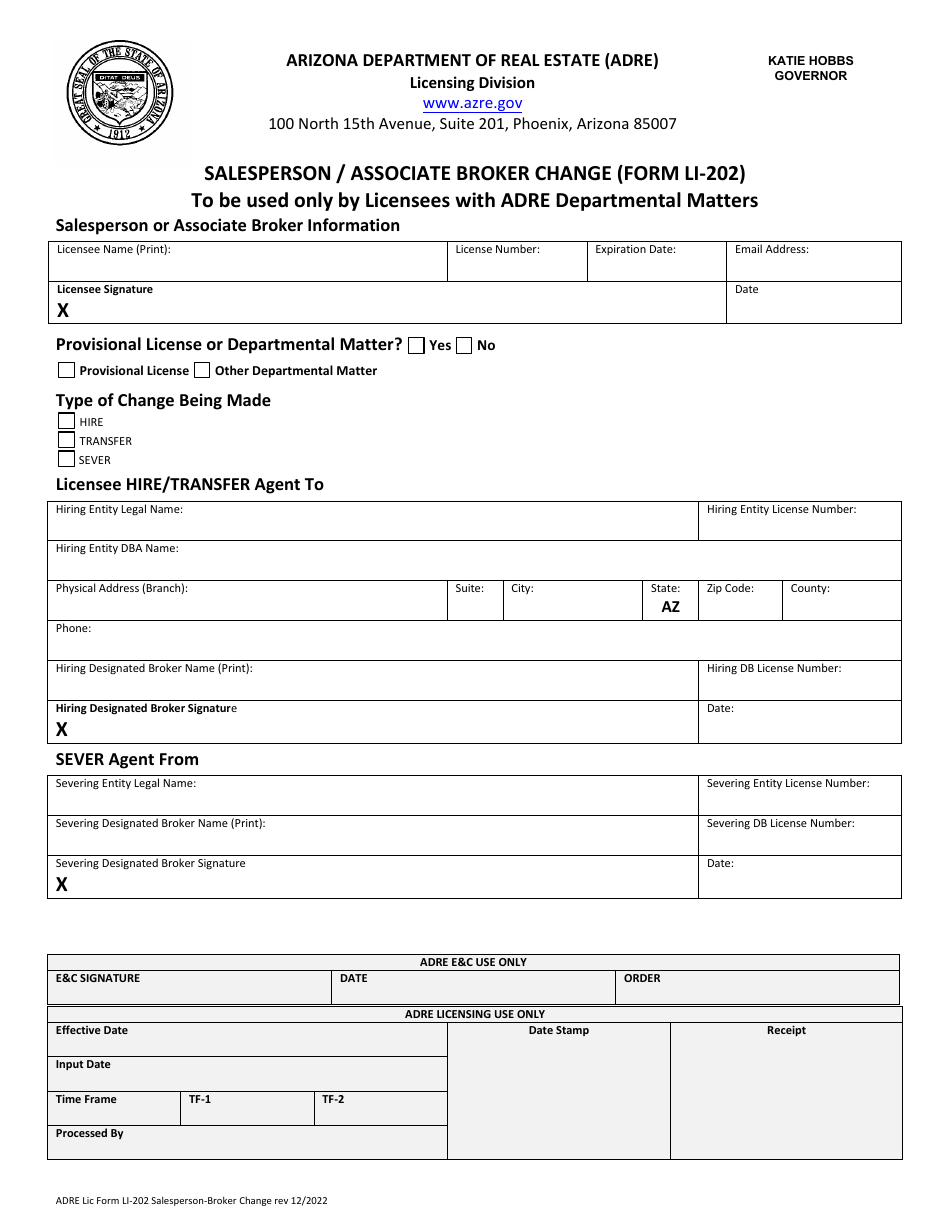 Form LI-202 Salesperson / Associate Broker Change - Arizona, Page 1