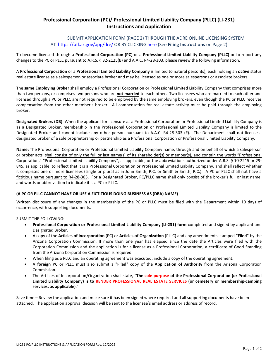 Form LI-231 Professional Corporation (Pc) / Professional Limited Liability Company (Pllc) - Arizona, Page 1
