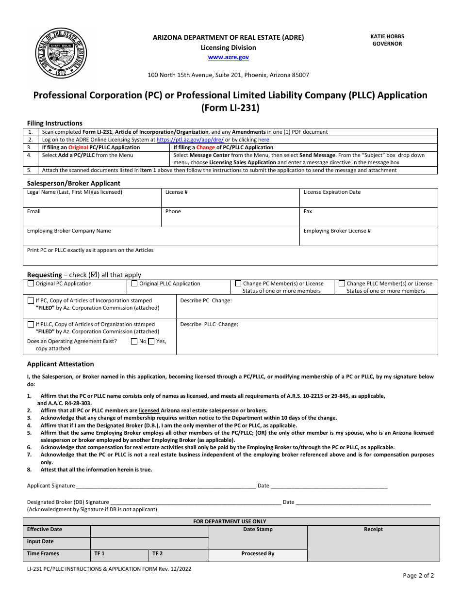 Form LI-231 Professional Corporation (Pc) / Professional Limited Liability Company (Pllc) - Arizona, Page 2