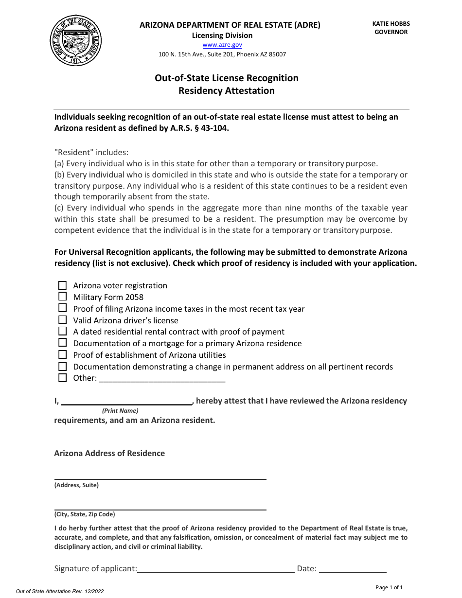Out-of-State License Recognition Residency Attestation - Arizona, Page 1