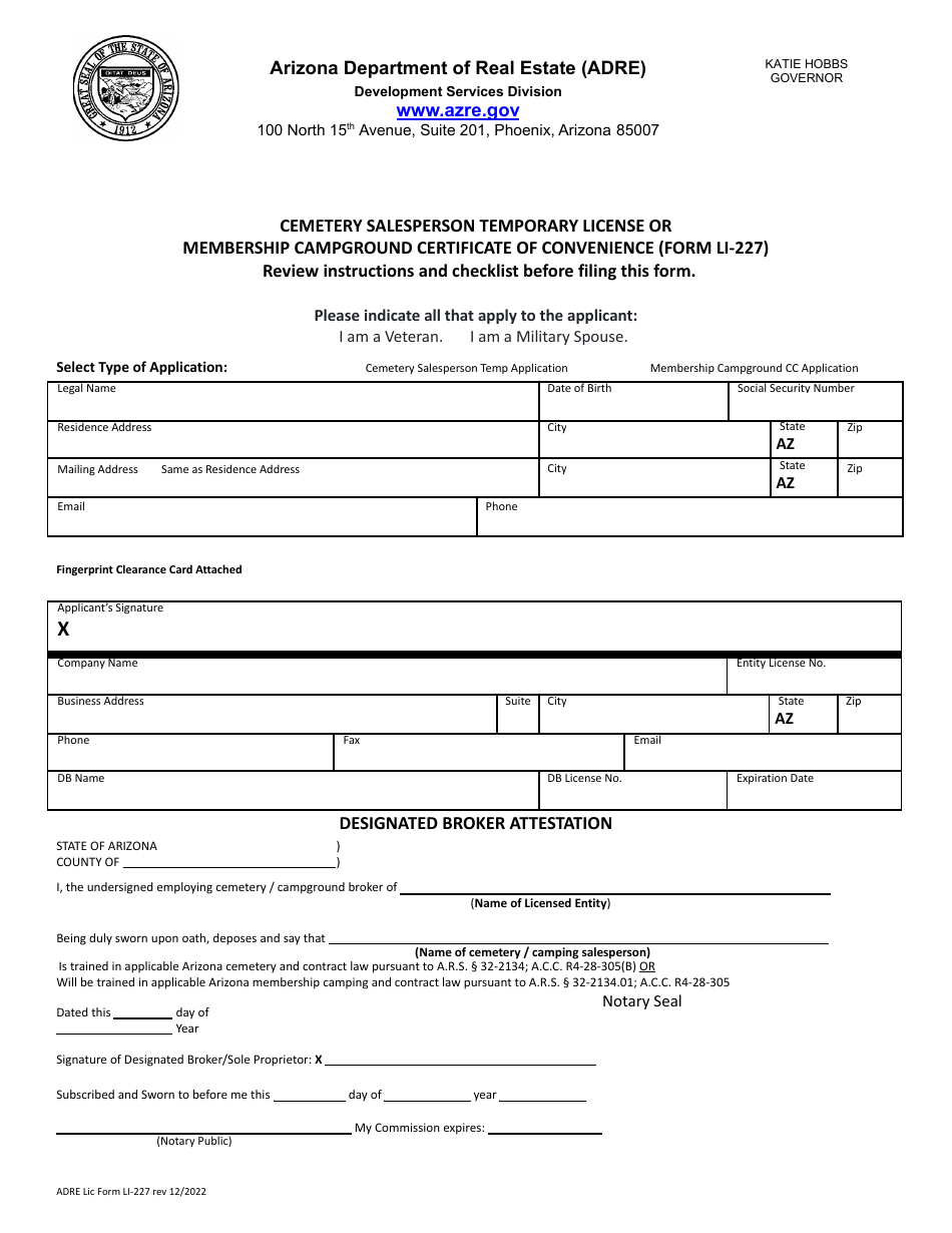 Form LI-227 Cemetery Salesperson Temporary License or Membership Campground Certificate of Convenience - Arizona, Page 2
