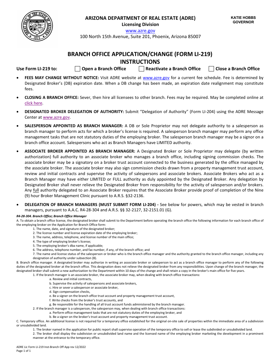 Instructions for Form LI-219 Branch Office Application / Change - Arizona, Page 1