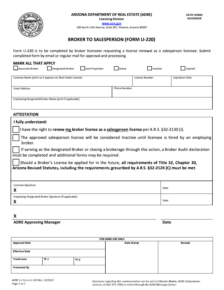 Form LI-220 Broker to Salesperson Application - Arizona, Page 1