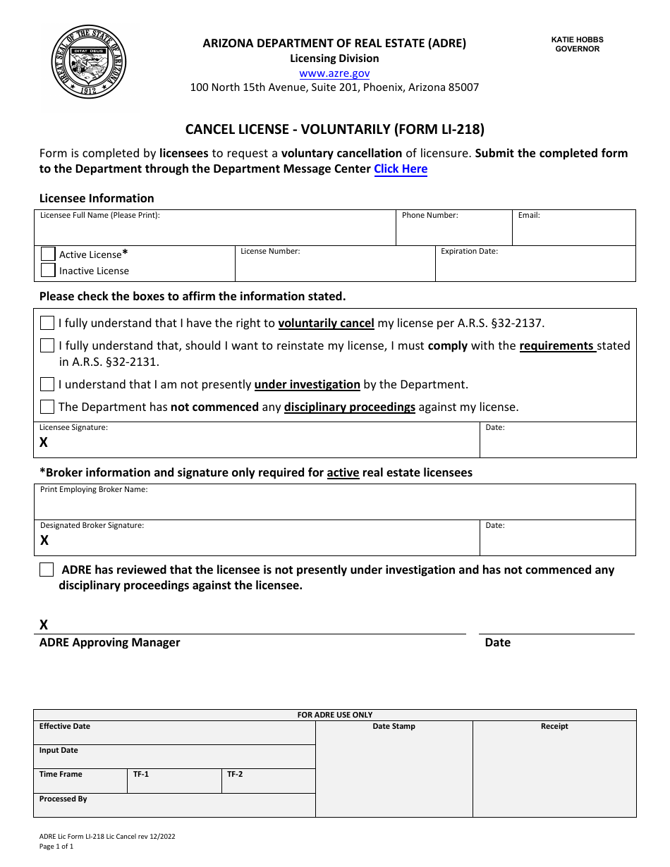 Form LI-218 Cancel License - Voluntarily - Arizona, Page 1