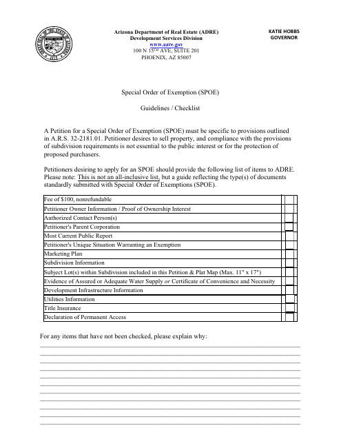 Arizona Special Order of Exemption (Spoe) Fill Out, Sign Online and Download PDF Templateroller