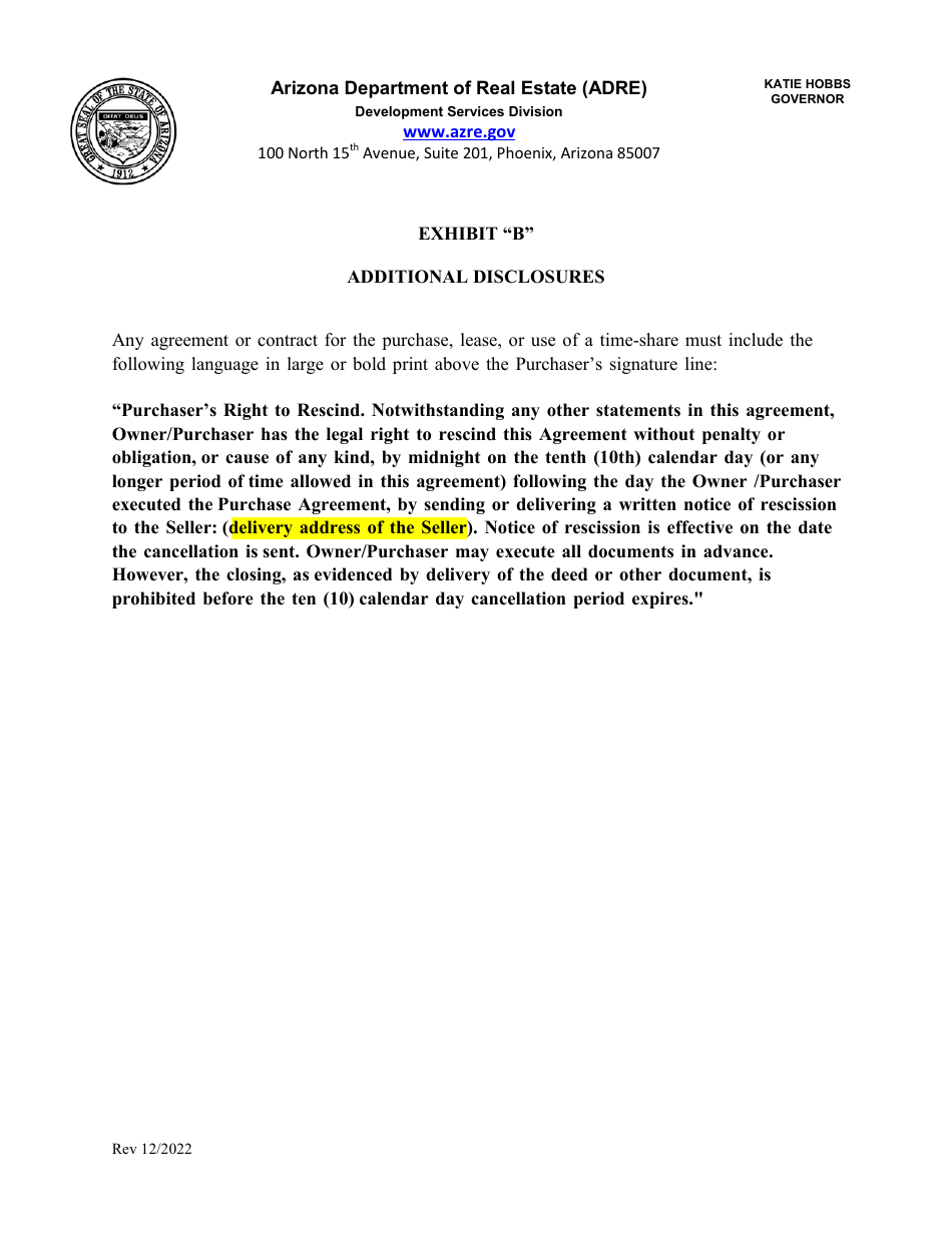 Form Y Application for Amended Timeshare Public Report - Arizona, Page 12