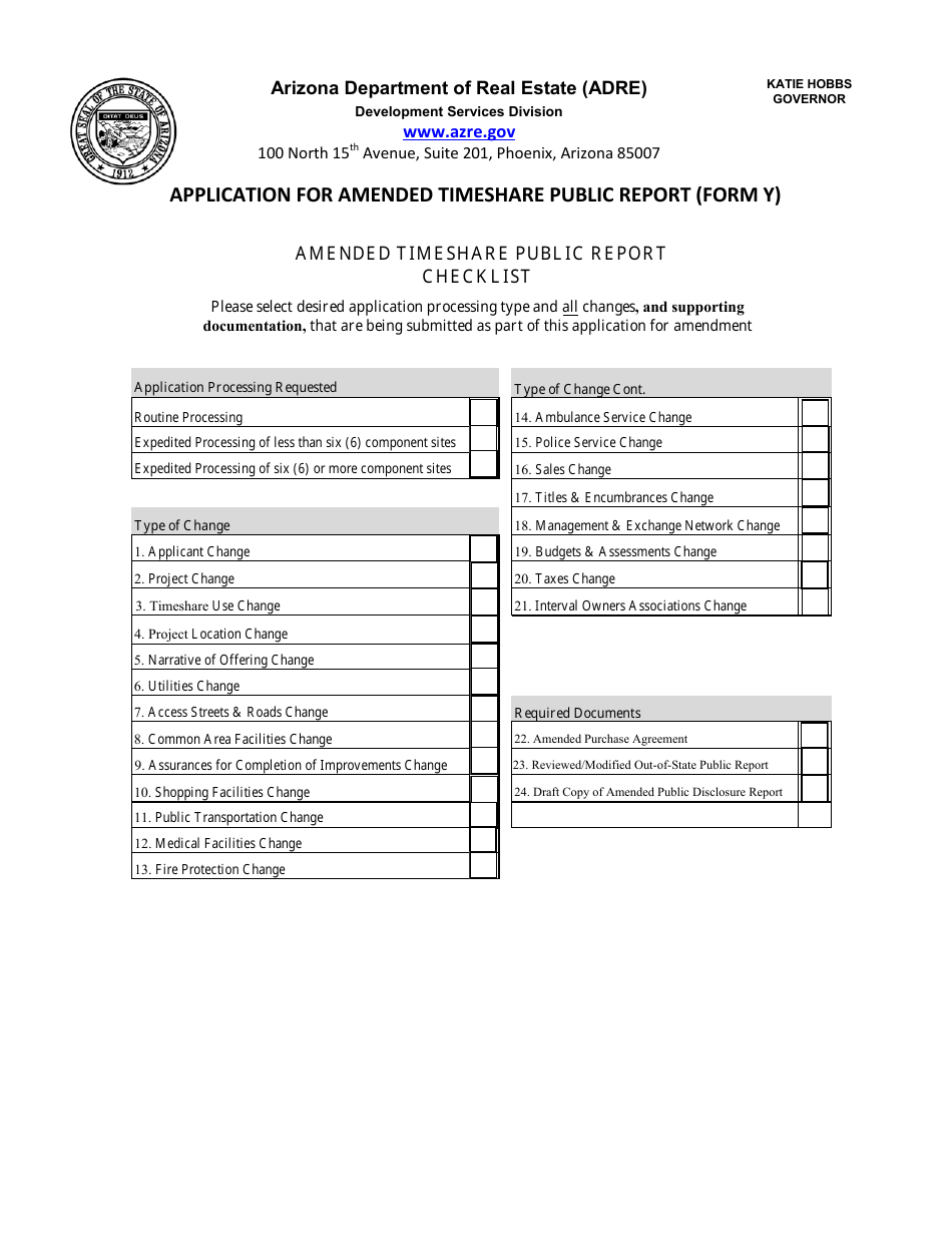 Form Y Application for Amended Timeshare Public Report - Arizona, Page 1