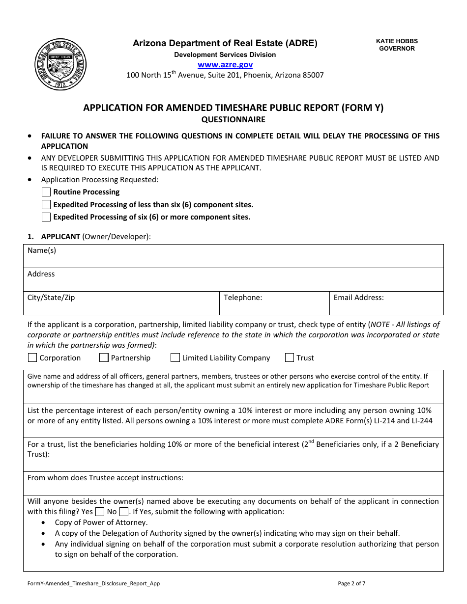 Form Y Application for Amended Timeshare Public Report - Arizona, Page 3