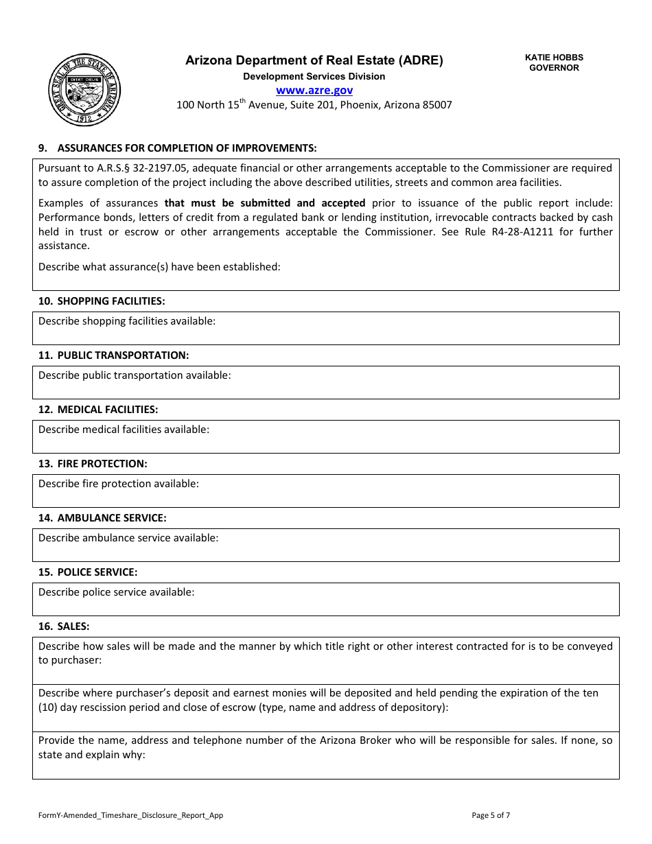 Form Y Application for Amended Timeshare Public Report - Arizona, Page 6